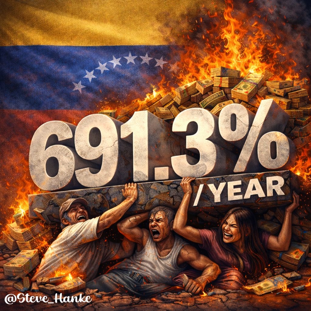steve_hanke's tweet photo. #VNZWatch🇻🇪: Today, I measure Venezuela's inflation at a CRUSHING 691.3%/yr.

THAT’S THE WORLD’S HIGHEST INFLATION RATE.

I REMAIN THE ONLY SOURCE OF ACCURATE INFLATION MEASUREMENTS FOR VENEZUELA. https://t.co/2bcNtC7mud
