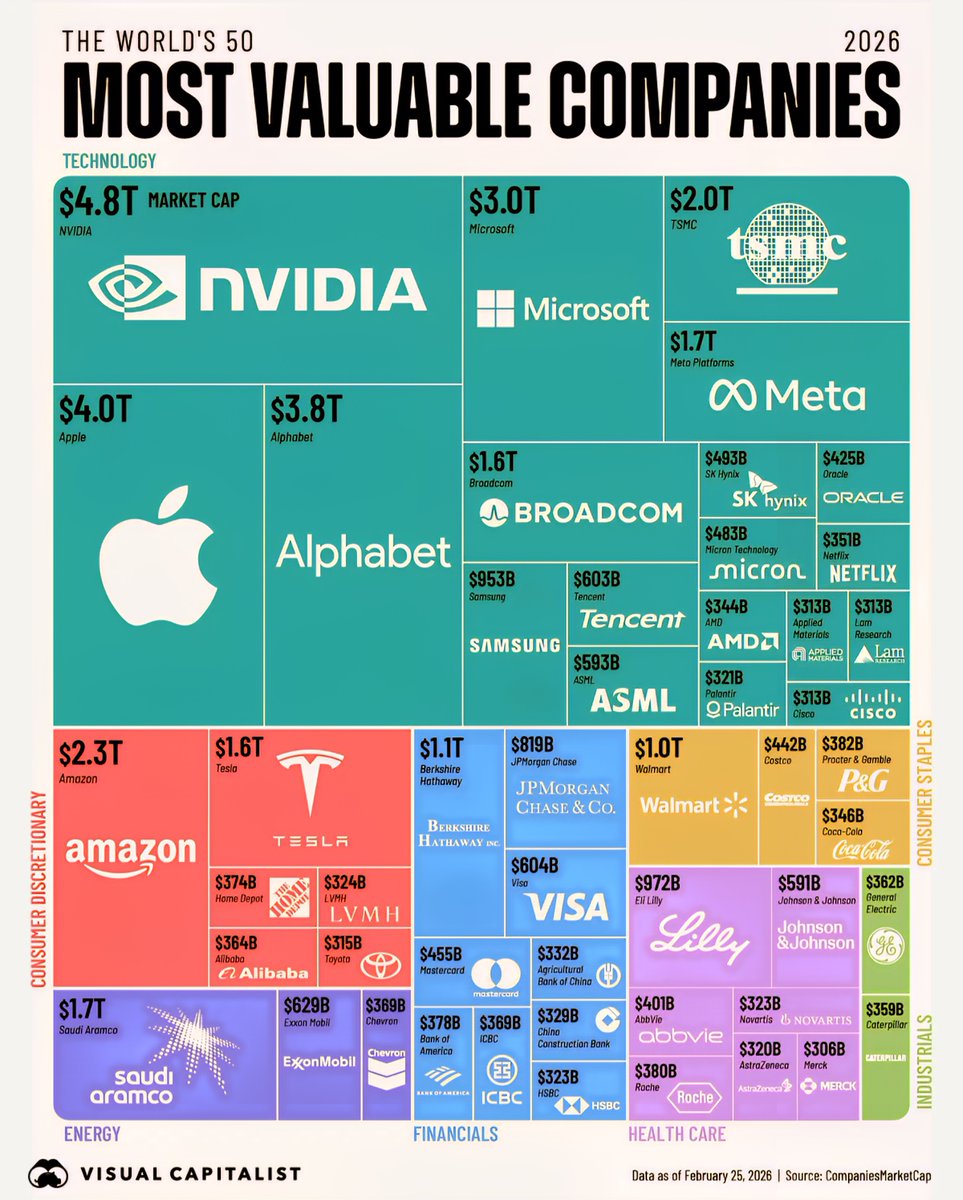Top 50 Largest Companies in the World

1. 🇺🇸 Nvidia - $4.8 Trillion
2. 🇺🇸 Apple - $4.0 Trillion
3. 🇺🇸 Alphabet - $3.8 Trillion
4. 🇺🇸 Microsoft - $3.0 Trillion
5. 🇺🇸 Amazon - $2.3 Trillion
6. 🇹🇼 TSMC - $2.0 Trillion
7. 🇸🇦 Saudi Aramco - $1.7 Trillion
8. 🇺🇸 Meta Platforms - $1.7