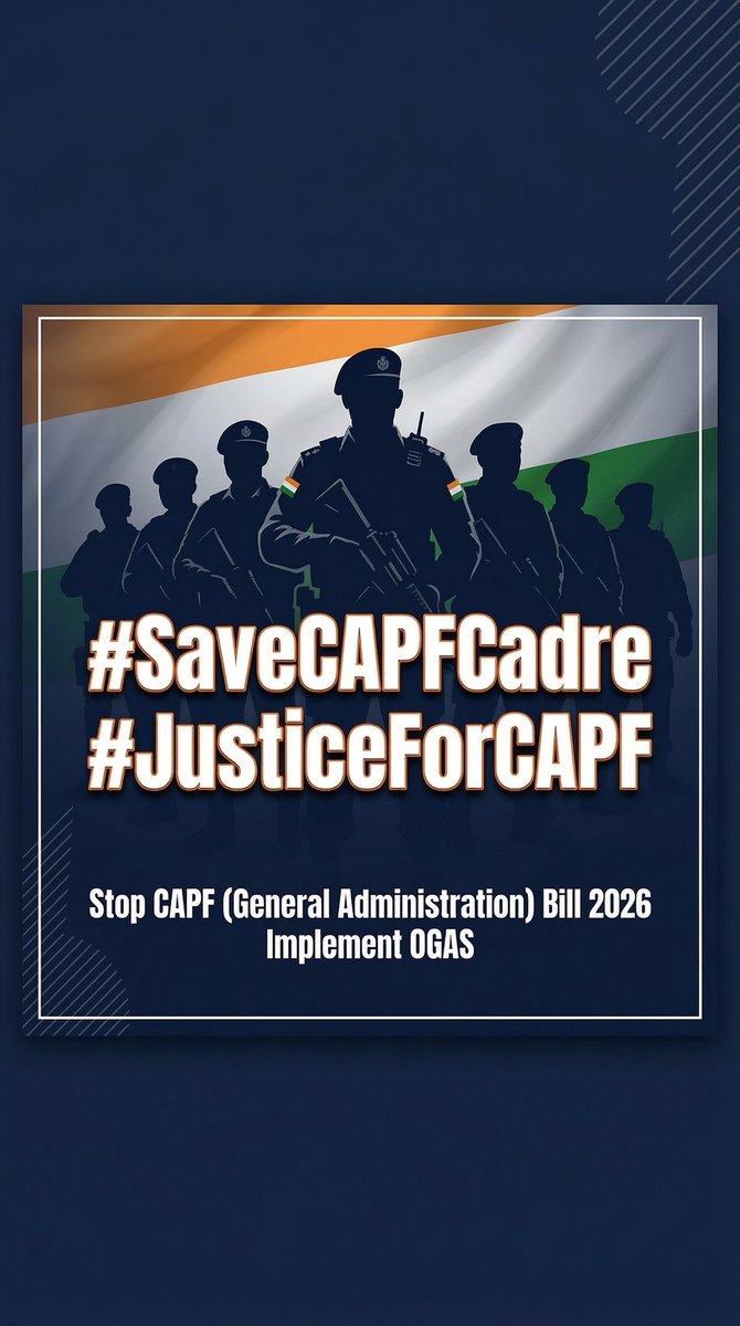 महत्वपूर्ण अपील

सभी साथियों से अनुरोध है कि 12 मार्च सुबह 9 बजे X (Twitter) पर एक पोस्ट जरूर करें।

CAPF (General Administration) Bill 2026 से करीब 13,000 CAPF कैडर अधिकारियों के प्रमोशन और भविष्य पर असर पड़ सकता है।

सुप्रीम कोर्ट ने OGAS का दर्जा देते हुए कहा था कि IG और DIG