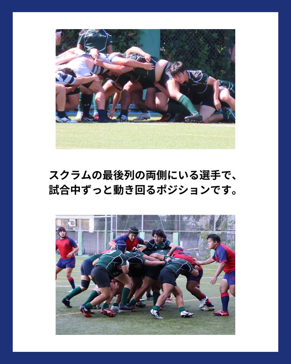 sciTokyo_rfc's tweet photo. 本日は、フランカーを紹介します。

スクラムの両サイドに位置し、
攻守にわたって広いエリアをカバーします。

タックルやブレイクダウンなど、
あらゆる局面に関わり続ける存在です。

運動量が多いポジションです。

#春から科学大 #ラグビー #科学大 #部活 #東工大 https://t.co/p9AfLO36Yq