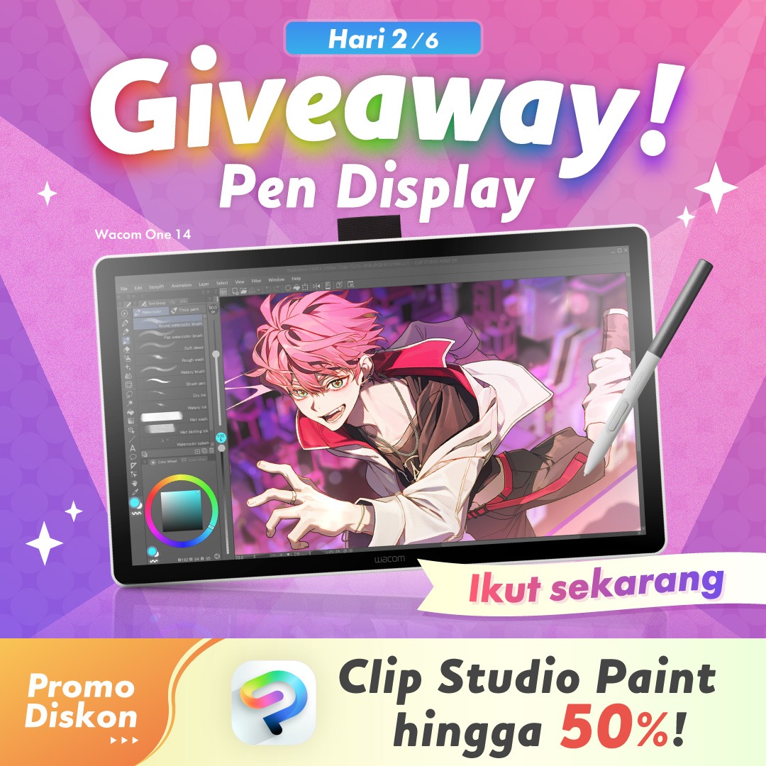 clipstudiopaint's tweet photo. Giveaway Pen Display✨

Setiap hari ada 6 kesempatan menang!

1 pemenang beruntung akan dipilih acak setiap hari.
Cukup follow &amp; repost untuk ikut serta!

Hingga 17 Maret pukul 15.00 WIB