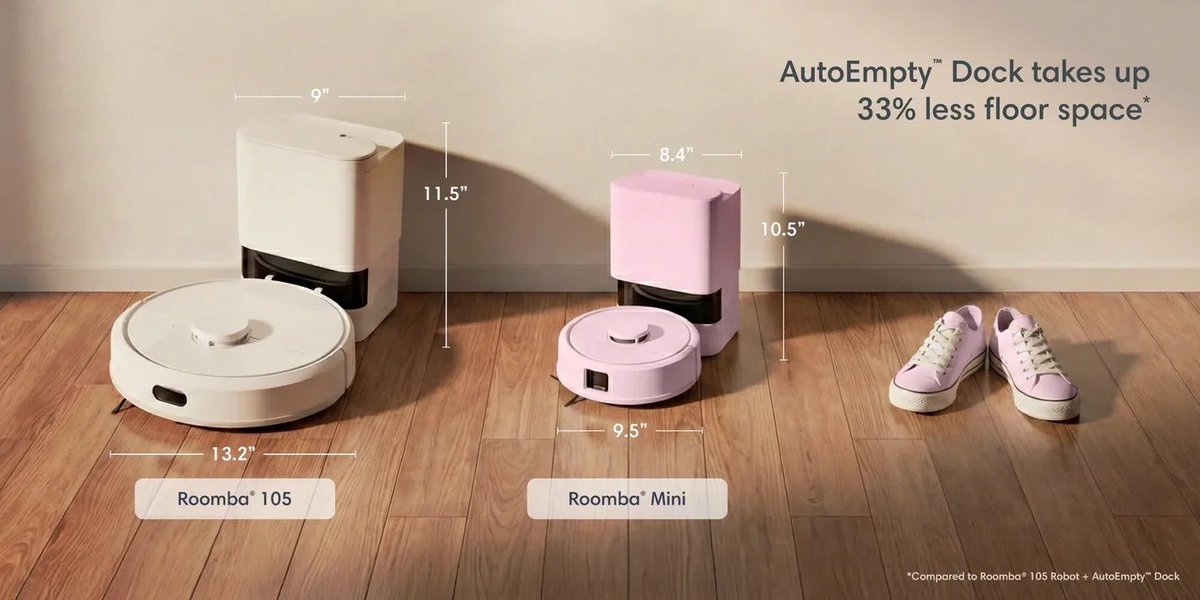 TechWAaron's tweet photo. Introducing the new Roomba mini by iRobot! Perfect for those hard-to-reach corners, that bigger vacuums struggle to reach. 

- Comes with an AutoEmpty Dock 
- Sleek 9.6” diameter 
- Available in White, Pink, Mint, and Black 

#RoombaMini #iRobot #SmartCleaning https://t.co/CTcMQiFFyp