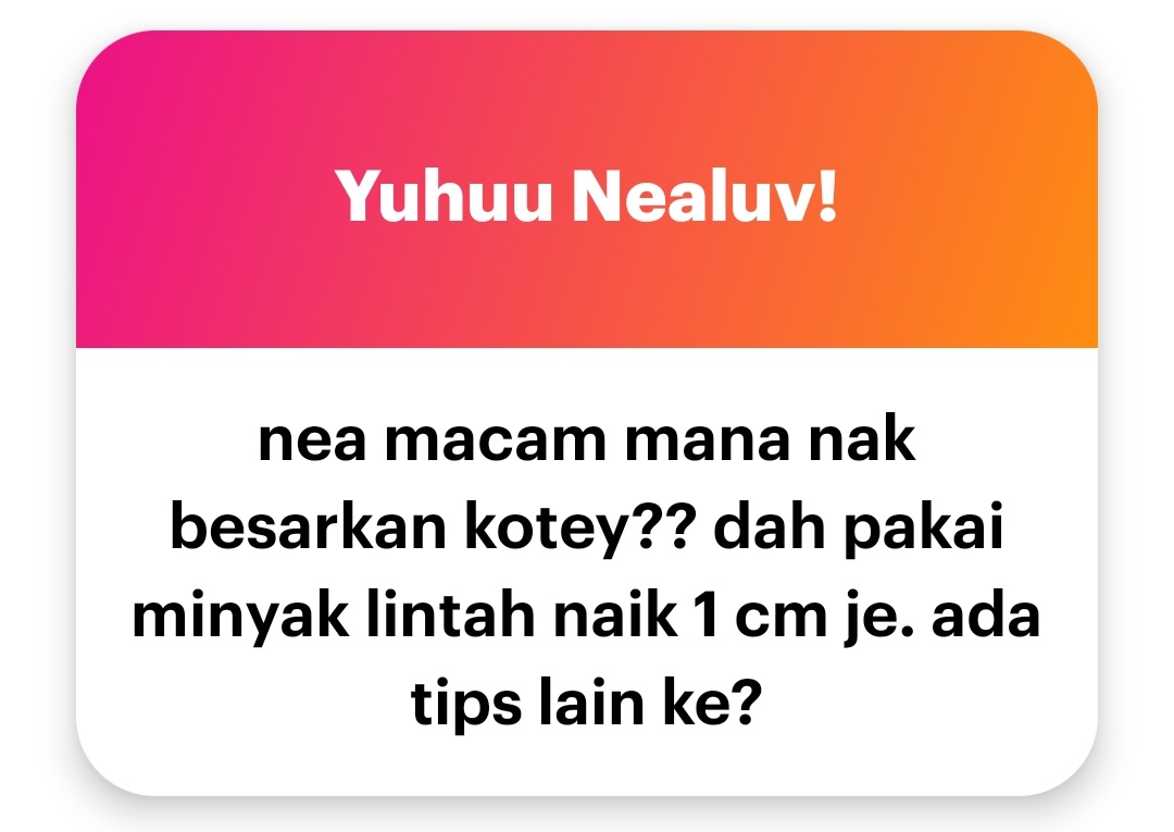 Eh 1cm tu naik la jgk. Kenapa nak besarkan ni u? Yg penting performance..urut biar sihat selalu..
Ada kata guna pump yg jual kat shopee tu berkesan..try tgk2 situ