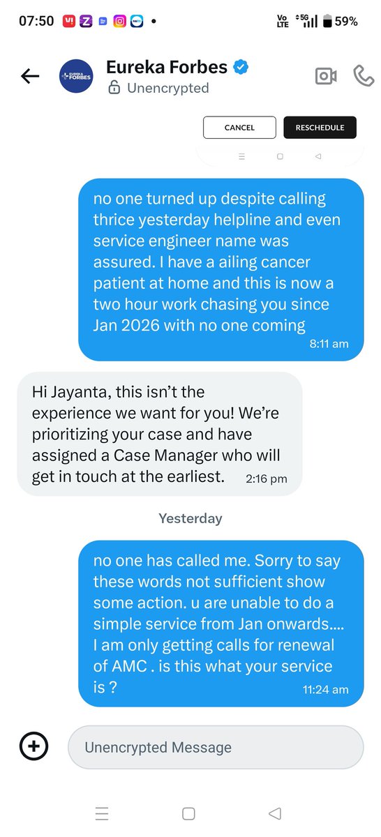 Jayanta1210's tweet photo. @EurekaForbes message sent promises made not an inch moved forward. no one came for service 
.service request pending since January. meanwhile I am getting messages to renew AMC daily... what an irony https://t.co/sFkp5VD3MK