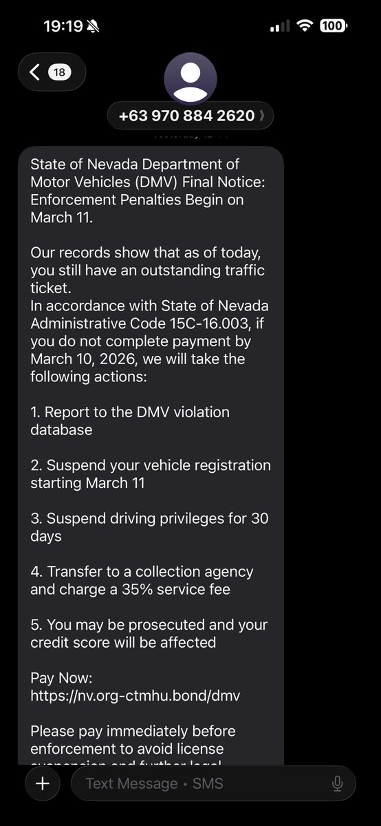 sincityguy__'s tweet photo. @NevadaDMV Got this same text message. Like really we wouldn’t know this was a scam with the International phone number. https://t.co/oQrqaOfGEn