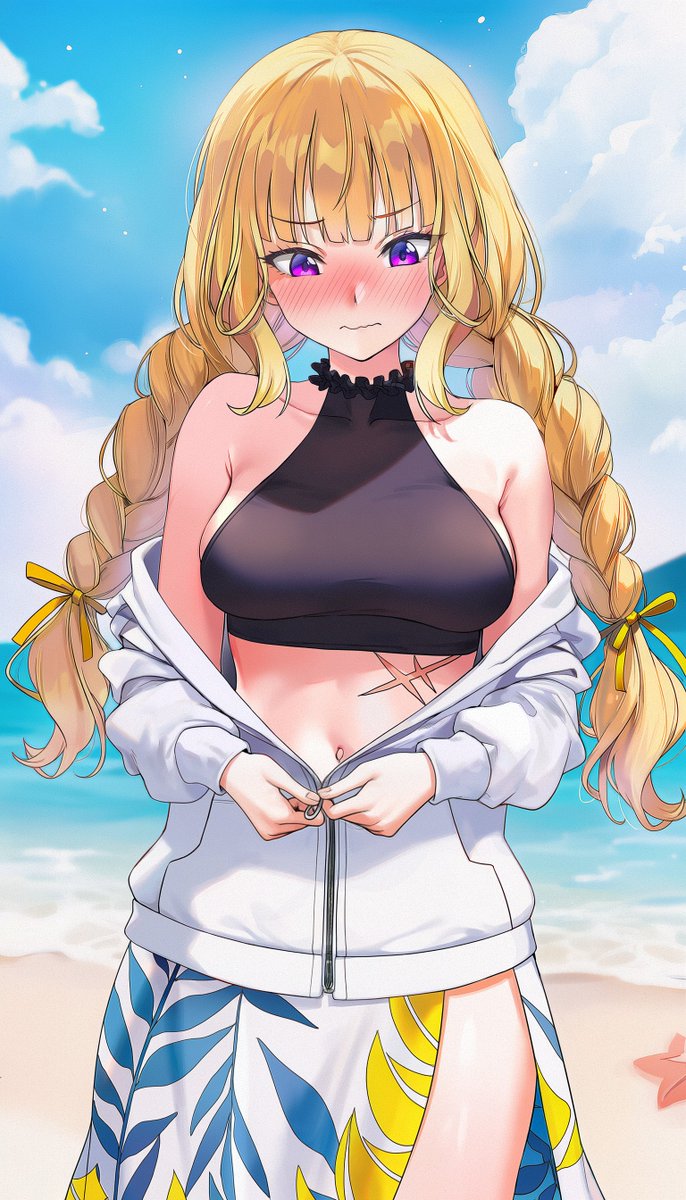 Kei is too flustered on the beach. I think her scar is showing too much with that top ~