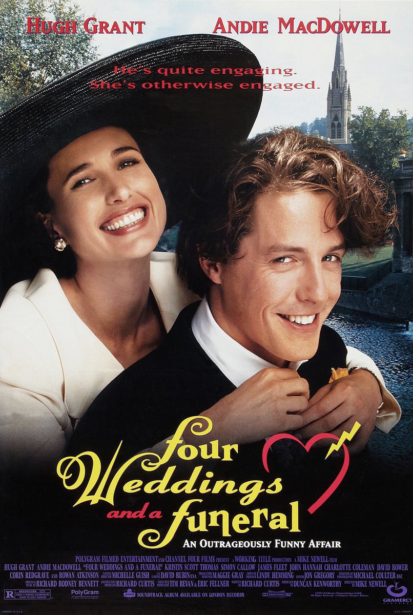 "Cuatro bodas y un funeral", protagonizada por Hugh Grant y Andie MacDowell se estrenó en los cines de Estados Unidos #OTD en 1994. 🎬
#90movies