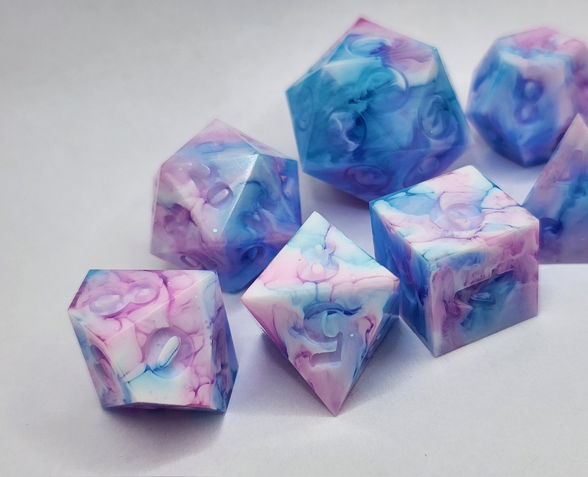 Cotton Candy Dirty Pour Duce Set • Inspired colors of Celeste from Deadlock. I think I missed the mark but still 
#dnd #ttrpg #handmadedice #dice #dungeonsanddragons