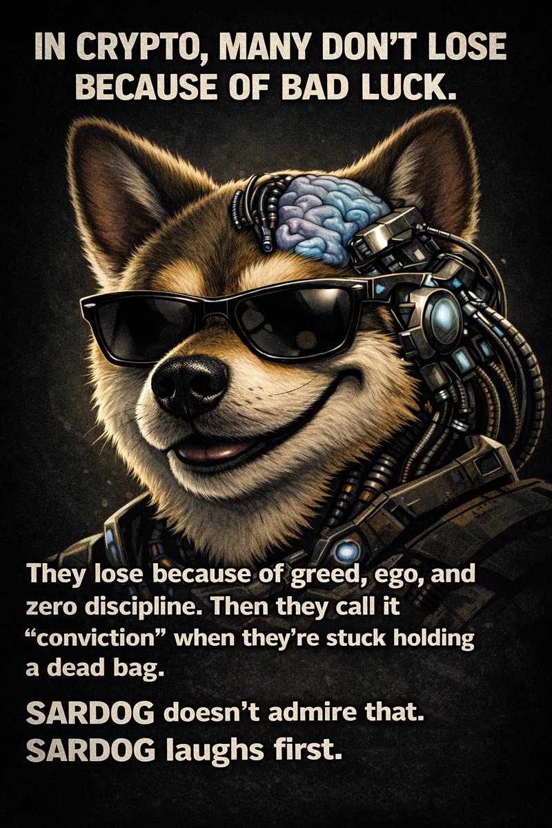 SARGODcoin's tweet photo. In crypto, many don’t lose because of bad luck.
They lose because of greed, ego, and zero discipline.
Then they call it “conviction” when they’re stuck holding a dead bag.
SARDOG doesn’t admire that.
SARDOG laughs first.

#SARDOG #Crypto #Web3 #Memecoin #BTC https://t.co/1120l6Icxs