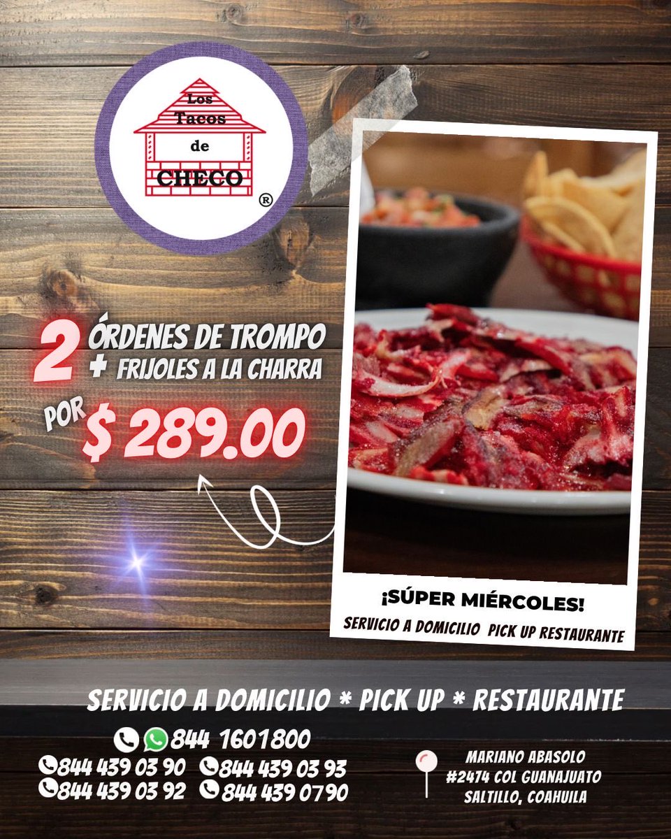 Hoy #FelizMiércoles, desde las 6:00 p.m. 🕕 consiéntete con nuestra promo de mitad de semana. 🤤

— 2 órdenes de trompo + 2 frijoles charros ¡a un súper precio! 🤩

📲 WhatsApp: 844 160 1800

Disponible en #ServicioADomicilio 🚕, #Pickup y #Restaurante 🍽

📍 #Saltillo