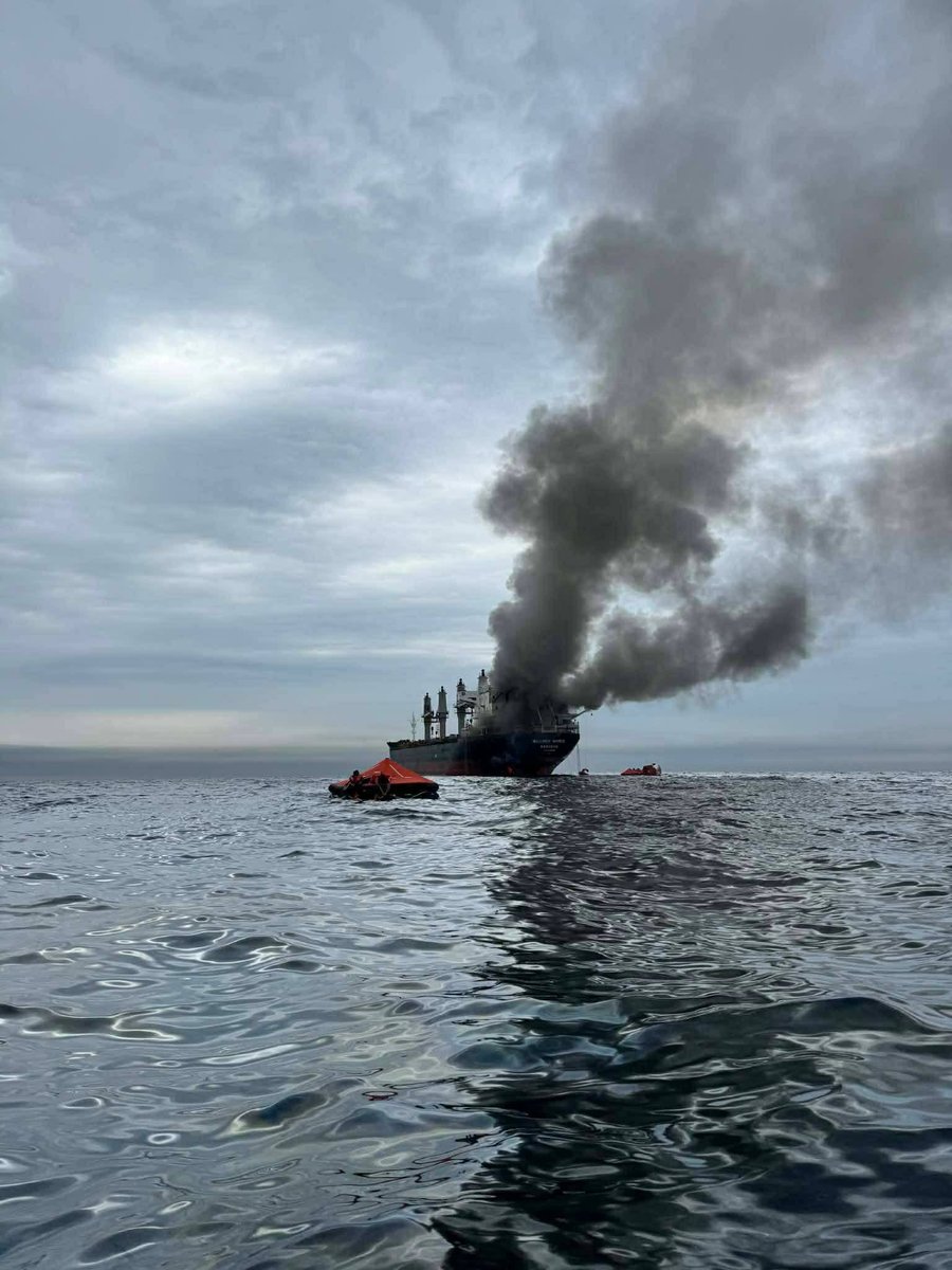 sentdefender's tweet photo. Thai media has published images taken by crewmembers working aboard the Thai-flagged bulk cargo ship, M/R MAYUREE NAREE, after evacuating the ship due to a strike by an Iranian uncrewed surface vessel while attempting to transit the Strait of Hormuz on Wednesday. https://t.co/buSfRh6Hvl