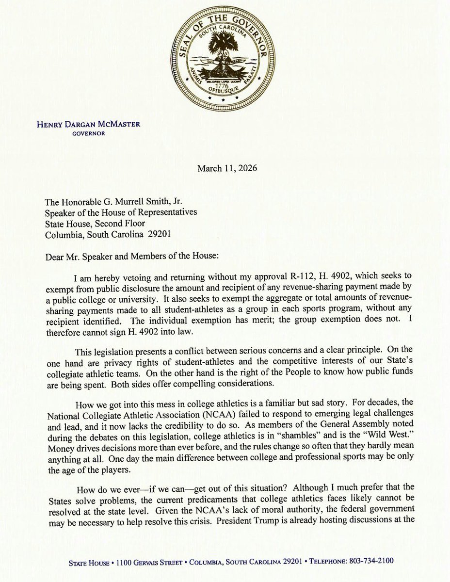 DanGreene15's tweet image. South Carolina Governor Henry McMaster vetoed a bill that would have kept #NIL revenue sharing contracts a secret from the public.