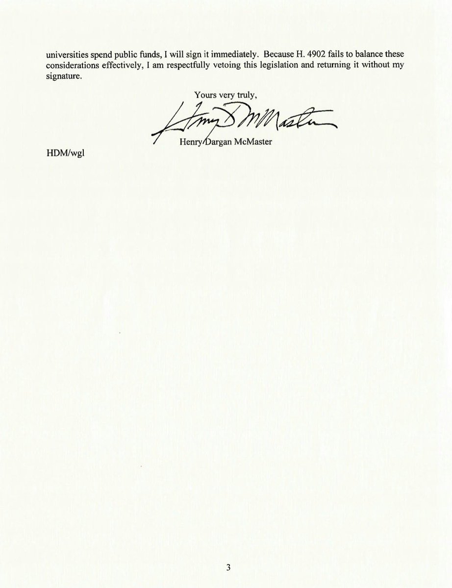 DanGreene15's tweet image. South Carolina Governor Henry McMaster vetoed a bill that would have kept #NIL revenue sharing contracts a secret from the public.