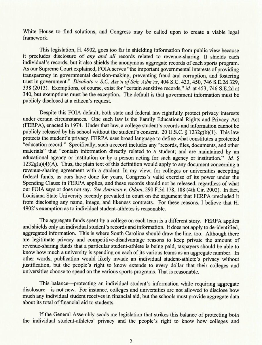 DanGreene15's tweet image. South Carolina Governor Henry McMaster vetoed a bill that would have kept #NIL revenue sharing contracts a secret from the public.