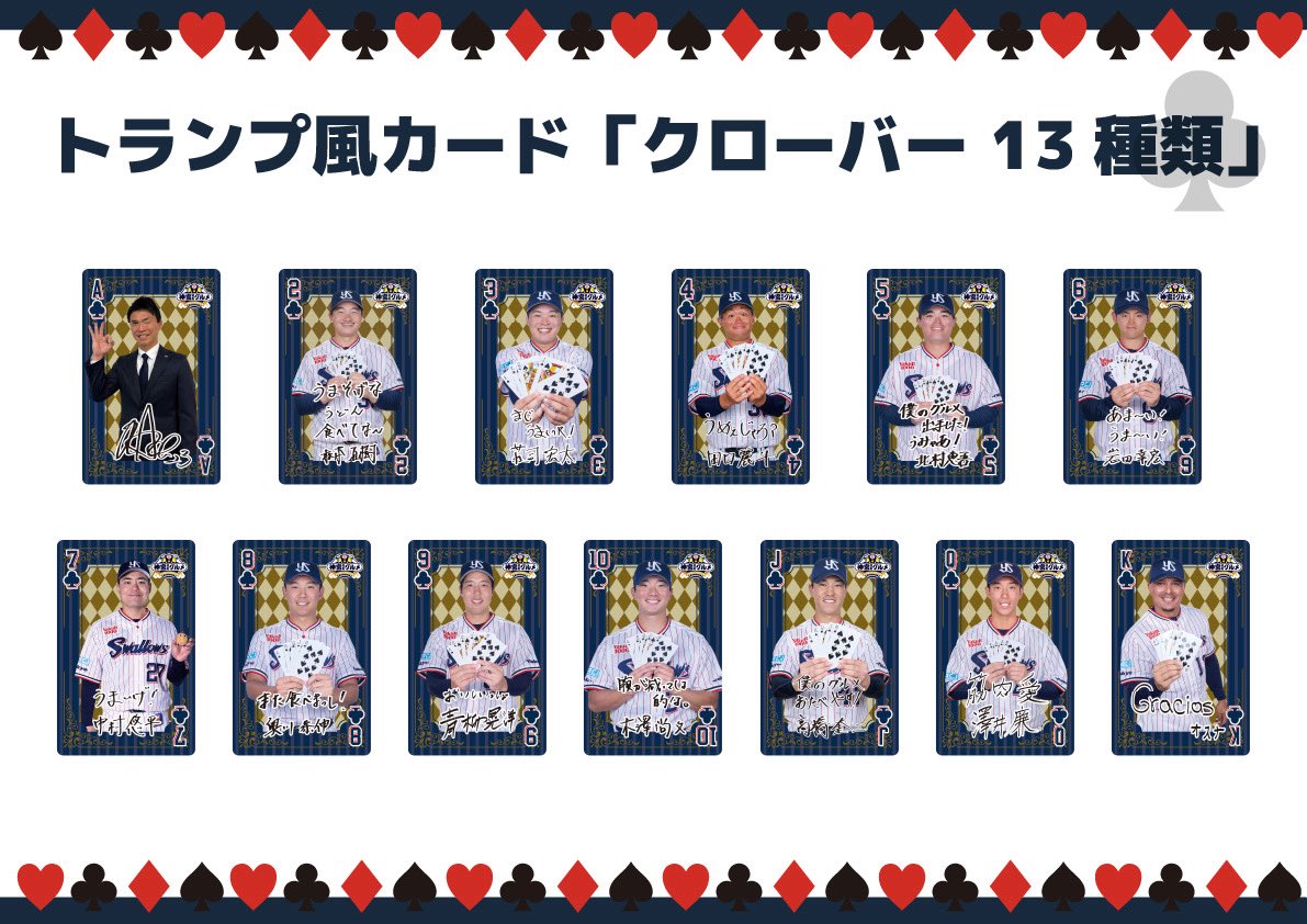 jingu_gourmetpr's tweet photo. ♠️2026 #選手グルメ ノベルティについて♠️
今シーズンも、対象の選手コラボグルメをご購入いただいたお客様に『トランプ風カード』をプレゼントします🎁
昨シーズンはコンプリートしたファンの方がたくさんいらっしゃいました❗️
今シーズンもコンプリート目指して、1年間グルメをお楽しみいただければと思います😊

選手コラボグルメ情報はこちら⏬
https://t.co/xwoU1V4ROJ

オープン戦チケット情報はこちら⏬
https://t.co/etir2S6iqH

#神宮グルメ #球場グルメ