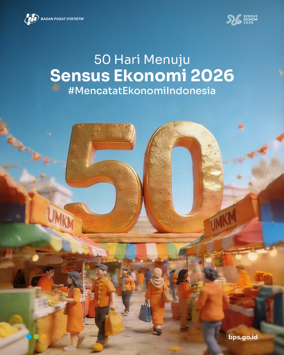 50 Hari Menuju Sensus Ekonomi 2026

Sensus Ekonomi 2026 (SE2026) akan berlangsung 50 hari lagi. 
Pada Mei-Agustus 2026, BPS akan melakukan SE2026, pendataan seluruh pelaku usaha di Indonesia. 

#MencatatEkonomiIndonesia!
#SadarStatistik
#SE2026
#SensusEkonomi