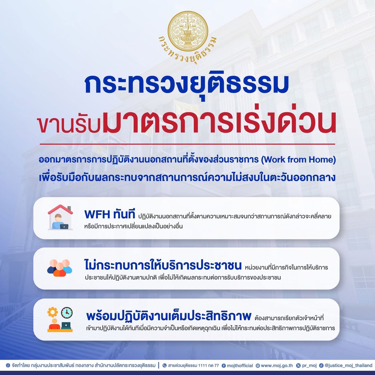 pr_moj's tweet image. 📌📣 กระทรวงยุติธรรม ขานรับมาตรการเร่งด่วนเพื่อรับมือกับผลกระทบจากสถานการณ์ความไม่สงบในตะวันออกกลาง 
#อิหร่าน #WFH 

facebook.com/share/p/1E2rye…