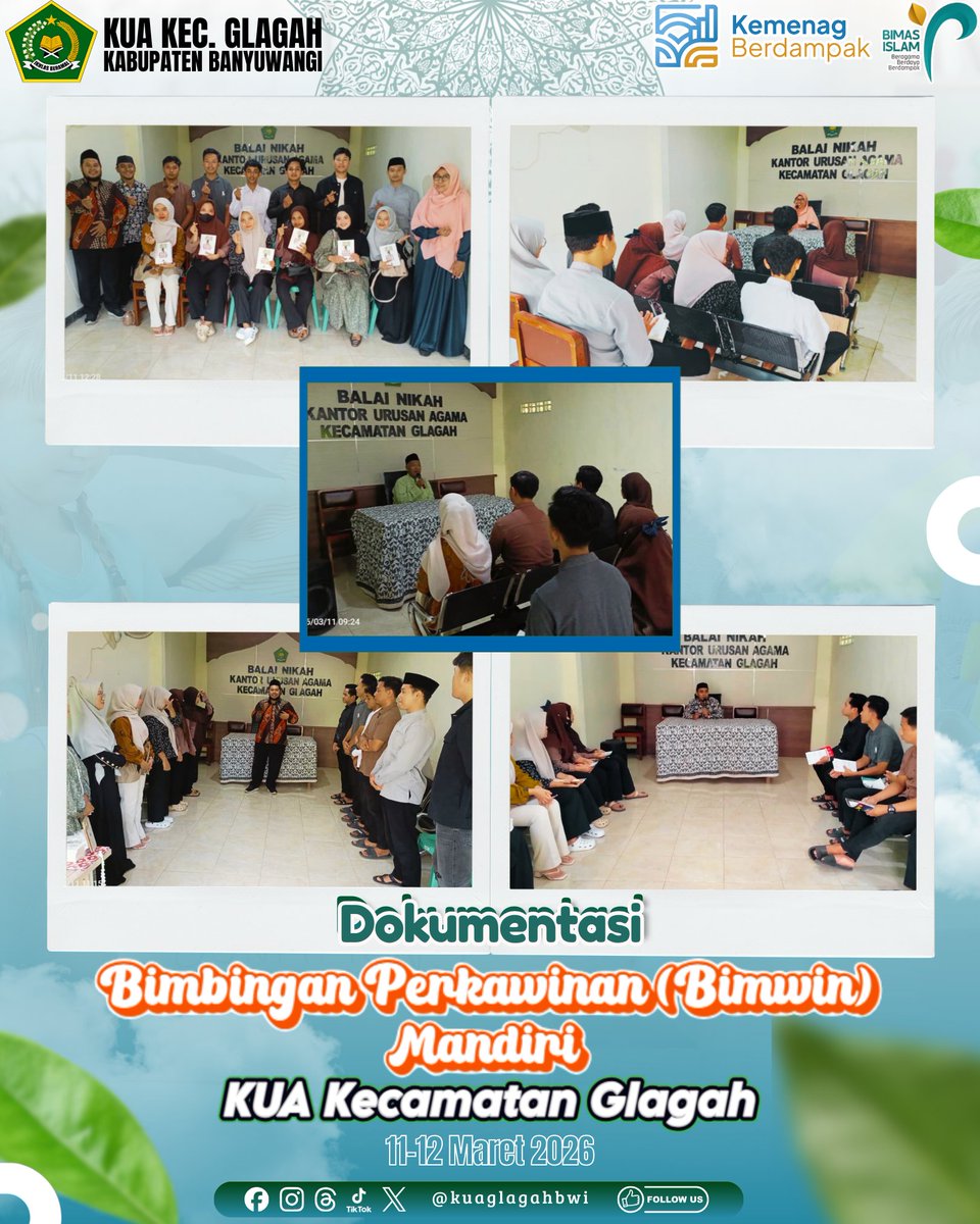 kuaglagah's tweet photo. BIMWIN Mandiri Angkatan V Tahun 2026 – KUA Glagah

KUA Glagah kembali menggelar Bimbingan Perkawinan (BIMWIN) Mandiri pada 11–12 Maret 2026 di Balai Nikah KUA Glagah yang diikuti oleh 6 pasang calon pengantin. https://t.co/xAt5SdD5pO
