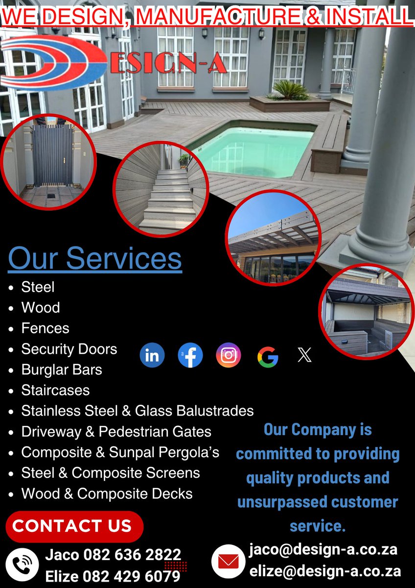 DesignAPretoria's tweet photo. We Design, Manufacture and Install - Steel, Stainless Steel &amp; Glass Balustrades, Driveway Gates, Fences, Security Doors, Burglar Bars, Decks and much more... https://t.co/QEWSgKLHSy
