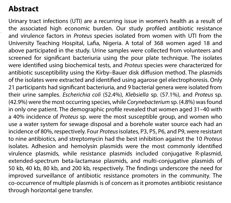 IMO_ASP's tweet photo. 📣 📣
#Call4Reading
Determinants of virulence and antimicrobial resistance in Proteus species from women with urinary tract infections in Lafia, Nigeria
👨‍ Olukayode Olugbenga Orole etc.
🔗 Read more: https://t.co/cwdfQ9koPB
#Antibioticresistance
#Virulence
#Plasmids https://t.co/EcC1lHbRje