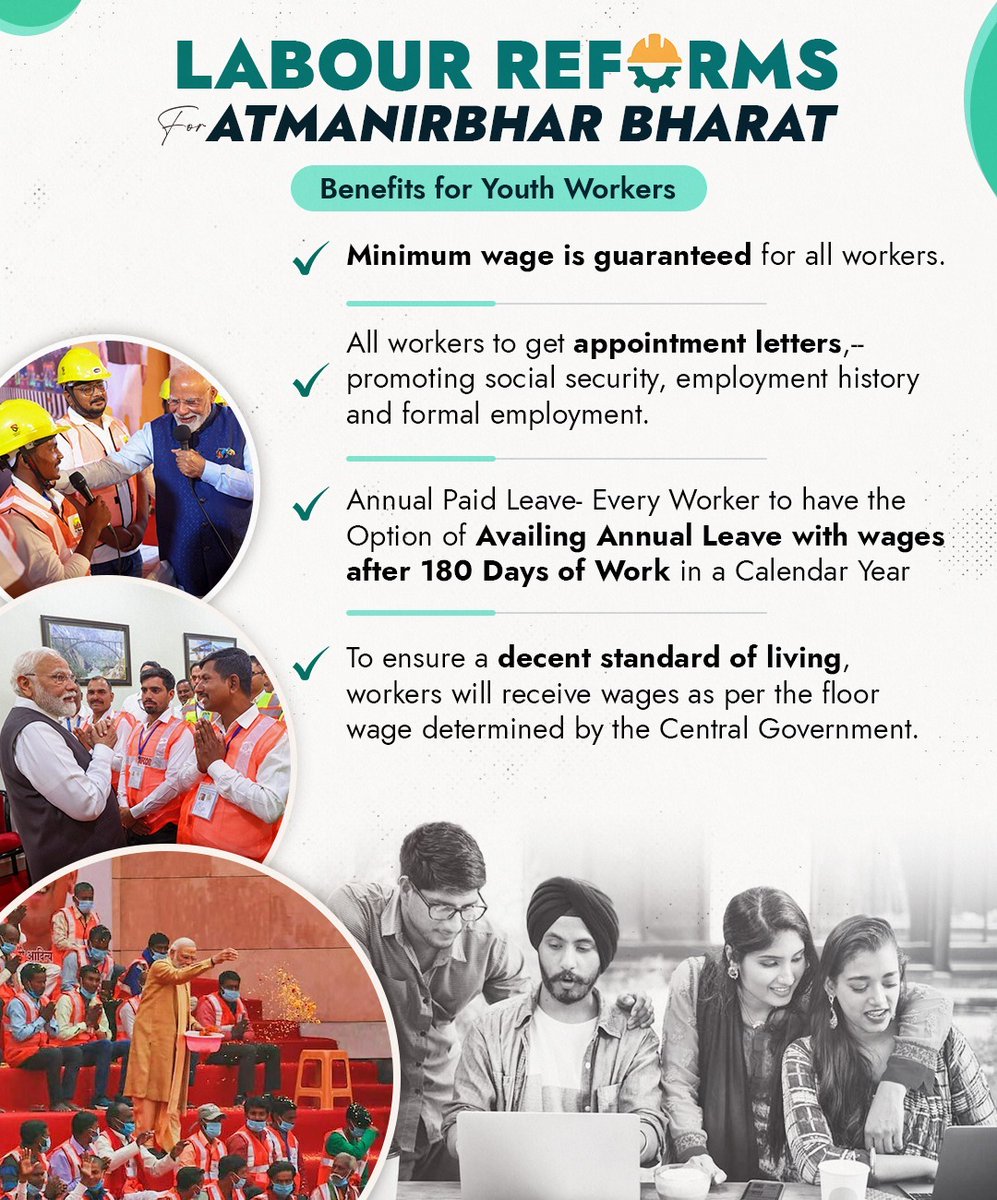 सरकार ने चार श्रम संहिताओं को लागू कर दिया है | इस ऐतिहासिक कदम ने पुराने और जटिल श्रम कानूनों को चार आसान और व्यापक संहिताओं में बदलकर श्रम व्यवस्था को अधिक स्पष्ट, सरल और कार्यबल -अनुकूल बनाया है।
श्रमेव_जयते
ShramevJayate
