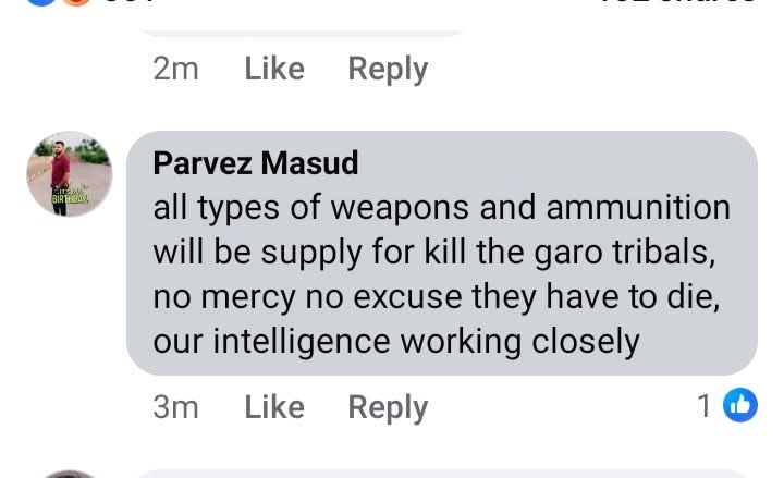 It has come to notice that an individual named Parvez Masud, through a comment posted from his Facebook account, allegedly made a highly provocative and dangerous statement.

Such a statement appears to be a direct threat against the Garo tribal community and suggests the
