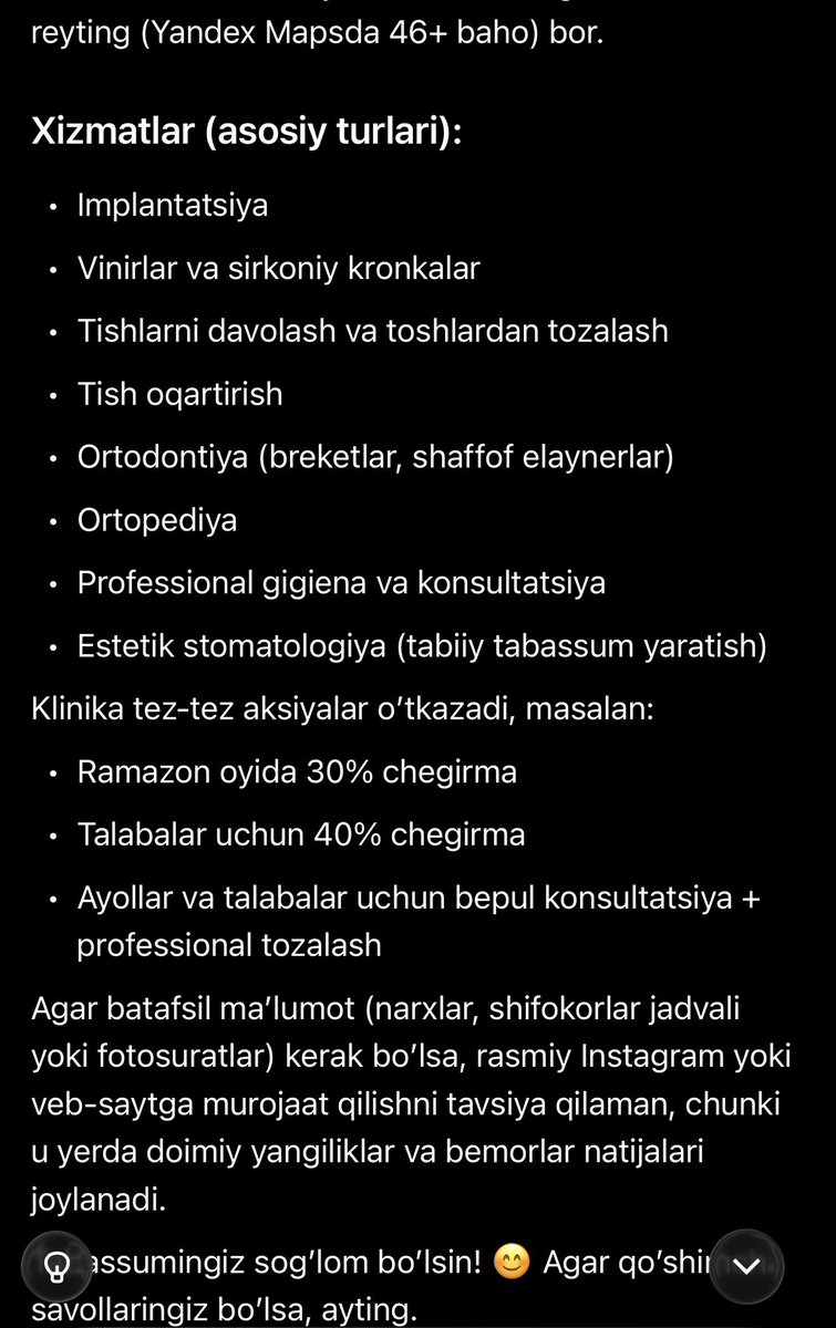 Bugun Grok tortdim va 1- savolim “Shokh Dentist klinikasi haqida ma’lumot ber” deb soʻradim. Uning fikri pastda vaqtingiz ayamasangiz oʻqib koʻring va shaxsiy telefoningizdagi Aiga ham xuddi shu savolni yozib koʻring va screen qilib bizga ulashing.