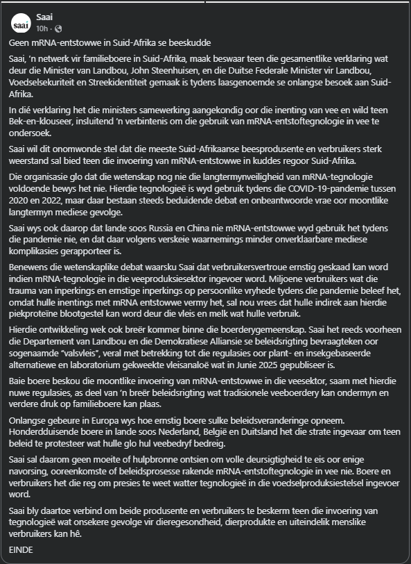 TheArtist1988's tweet photo. Dr #TheodeJager, chairman of the Southern African Agri Initiative (SAAI) has announced that they will not condone any mRNA vaccines to be tested on South African Cattle, after @jsteenhuisen released the following statements - we know the effects of mRNA. #footandmouthdisease #fmd https://t.co/1dmCr5PFgm