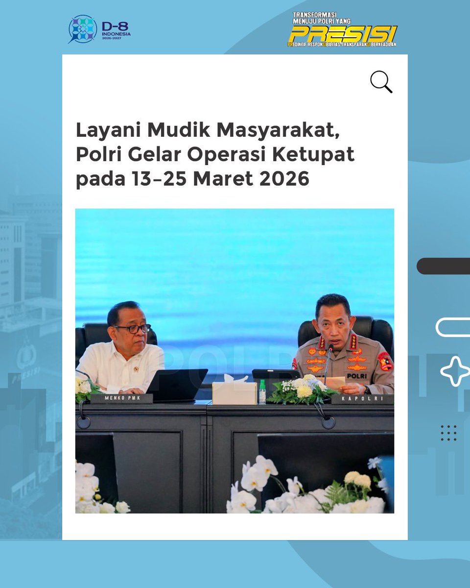 Res1Tulungagung's tweet photo. Kepolisian Negara Republik Indonesia akan menggelar Operasi Ketupat pada 13–25 Maret 2026 guna memastikan keamanan dan kelancaran arus mudik serta balik Lebaran.  
Polri Memastikan Kelancaran Perjalanan Masyarakat demi #MudikAmanBahagia https://t.co/dvHfc6aVJl