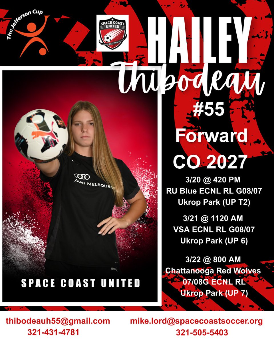 HThibodeau55's tweet photo. I'm super excited to be heading to @jeffersoncup 2026 with my team @U19SpaceCoast .  Looking forward to connecting with all the coaches. @GAcademyLeague @ImYouthSoccer @UncommittedGrls https://t.co/iwkD89na5V