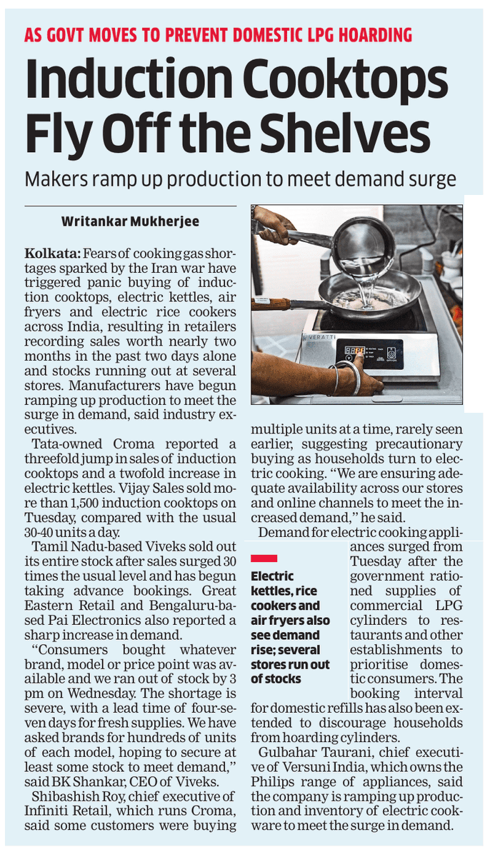 prasannavishy's tweet photo. Fears of LPG shortages amid the Iran war are triggering panic buying of electric cooking appliances across India.

• Induction cooktop sales up 3×
• Retailers reporting 2 months of sales in just 2 days
• One chain sold 1,500+ units in a day vs 30–40 normally
• Some stores seeing 30× surge and running out of stock.

Consumers are hedging against LPG uncertainty via  electric kettles, rice cookers and air fryers flying off shelves.