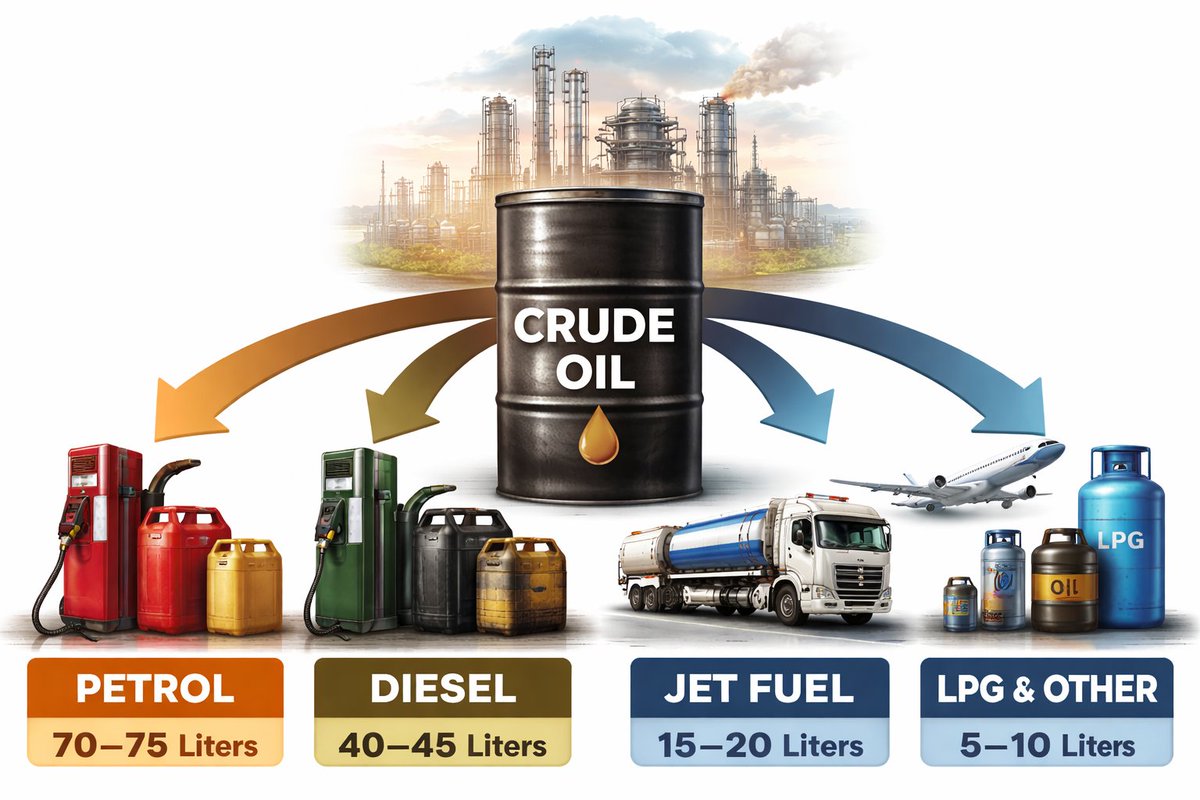 A barrel of crude oil contains about 159 liters of oil.

But after refining, it does not become only petrol. The crude oil is separated into many products like petrol, diesel, jet fuel, LPG, etc.

From 1 barrel (159 L) of crude oil you usually get approximately:

Petrol
