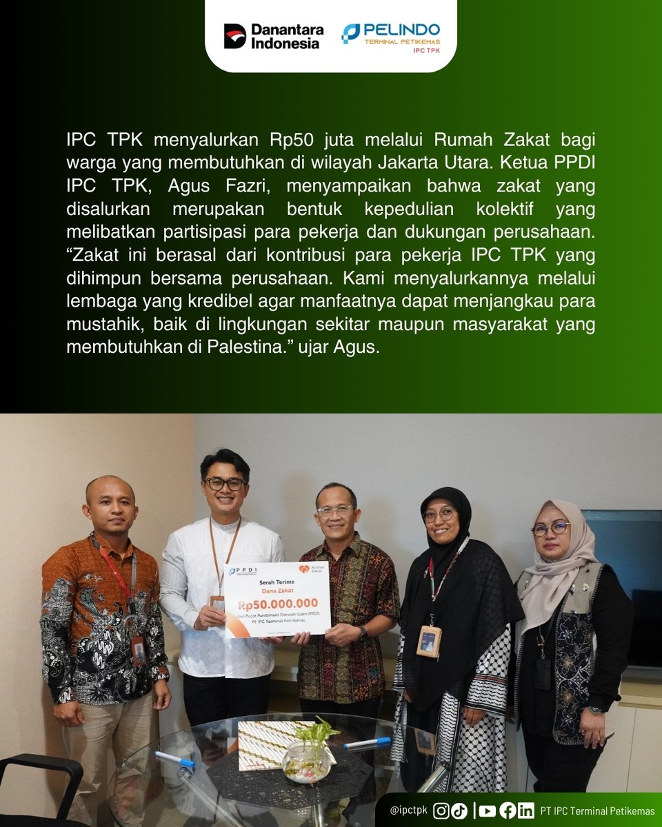 ipctpk's tweet photo. Assalamualaikum #ContainerLovers

IPC TPK bersama para pekerjanya menyalurkan dana zakat sebesar Rp200 juta untuk membantu para mustahik di sekitar wilayah operasional perusahaan serta masyarakat terdampak krisis kemanusiaan di Palestina, khususnya di Jalur Gaza. https://t.co/dwT29Y8dhb