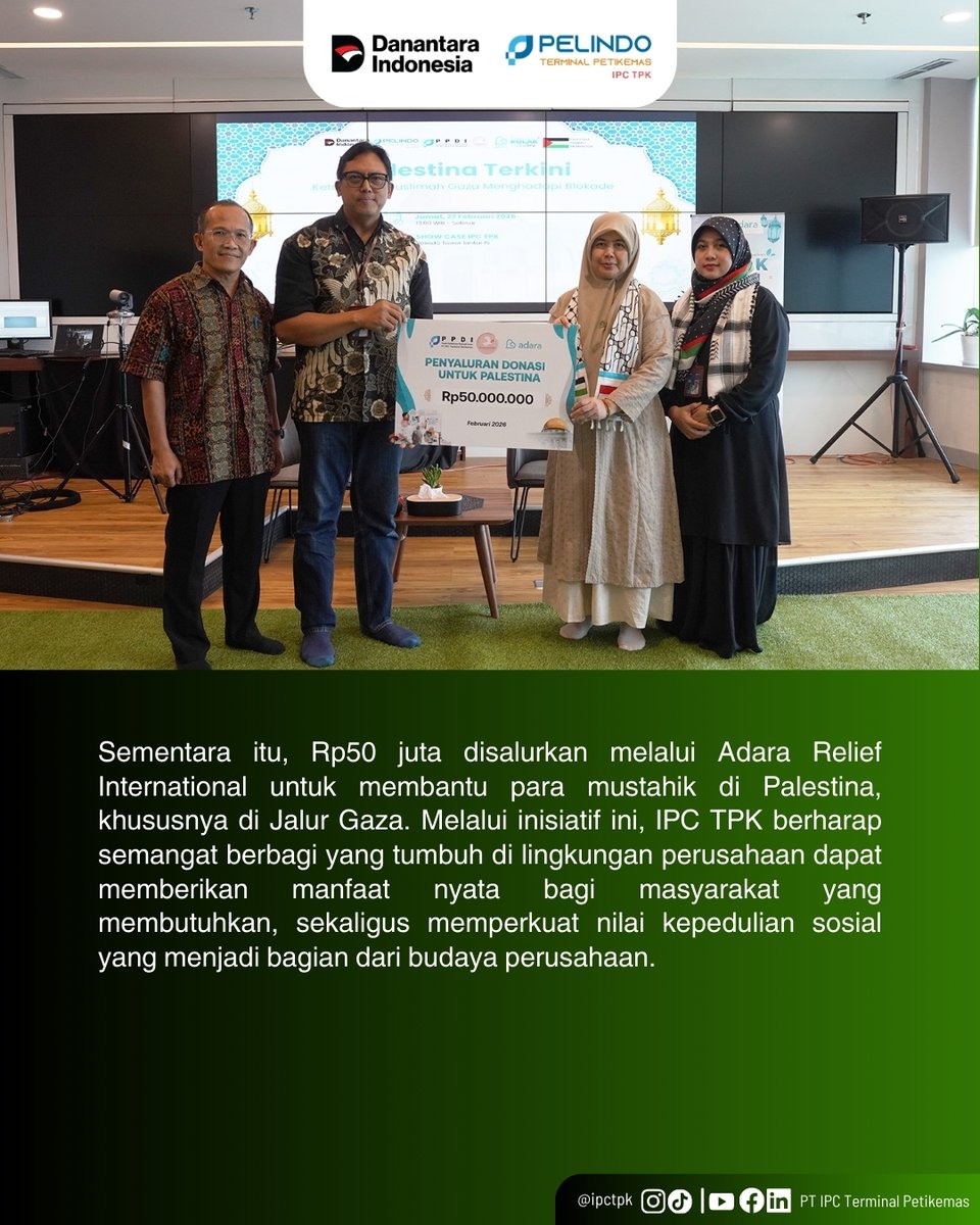 ipctpk's tweet photo. Assalamualaikum #ContainerLovers

IPC TPK bersama para pekerjanya menyalurkan dana zakat sebesar Rp200 juta untuk membantu para mustahik di sekitar wilayah operasional perusahaan serta masyarakat terdampak krisis kemanusiaan di Palestina, khususnya di Jalur Gaza. https://t.co/dwT29Y8dhb