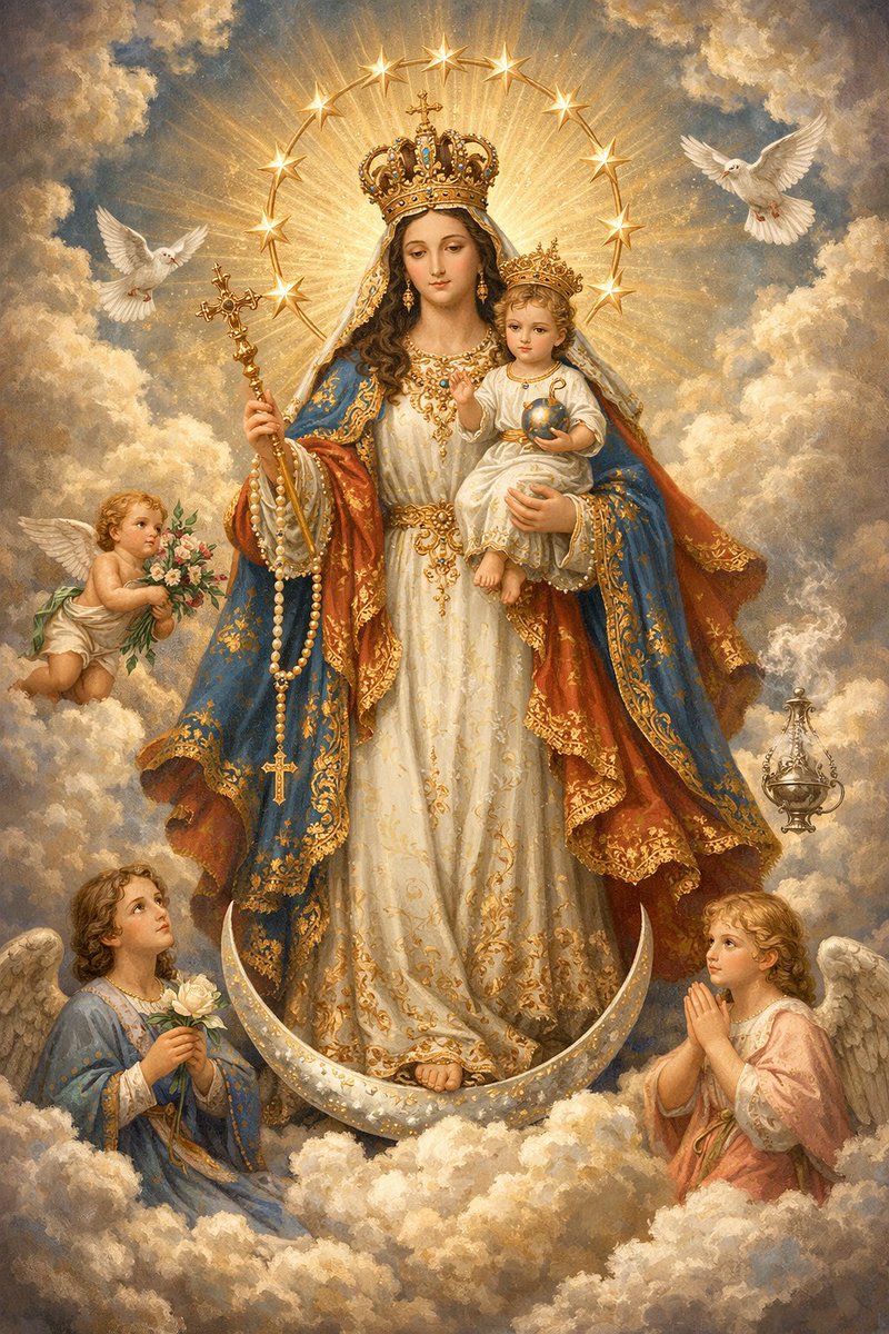 ✝️ Dios te salve, María, 
llena eres de gracia;
el Señor es contigo.
Bendita Tú eres 
entre todas las mujeres,
y bendito es el fruto de tu vientre, Jesús. 

Santa María, Madre de Dios,
ruega por nosotros, pecadores,
ahora y en la hora de nuestra muerte. Amén 🙏