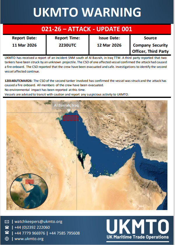 UK_MTO's tweet photo. UKMTO WARNING 021-26  UPDATE 001

Click here to view the full Warning⤵️ 

https://t.co/UxLsPG9ZrX

#MaritimeSecurity #MarSec https://t.co/oGxlaHGNdr