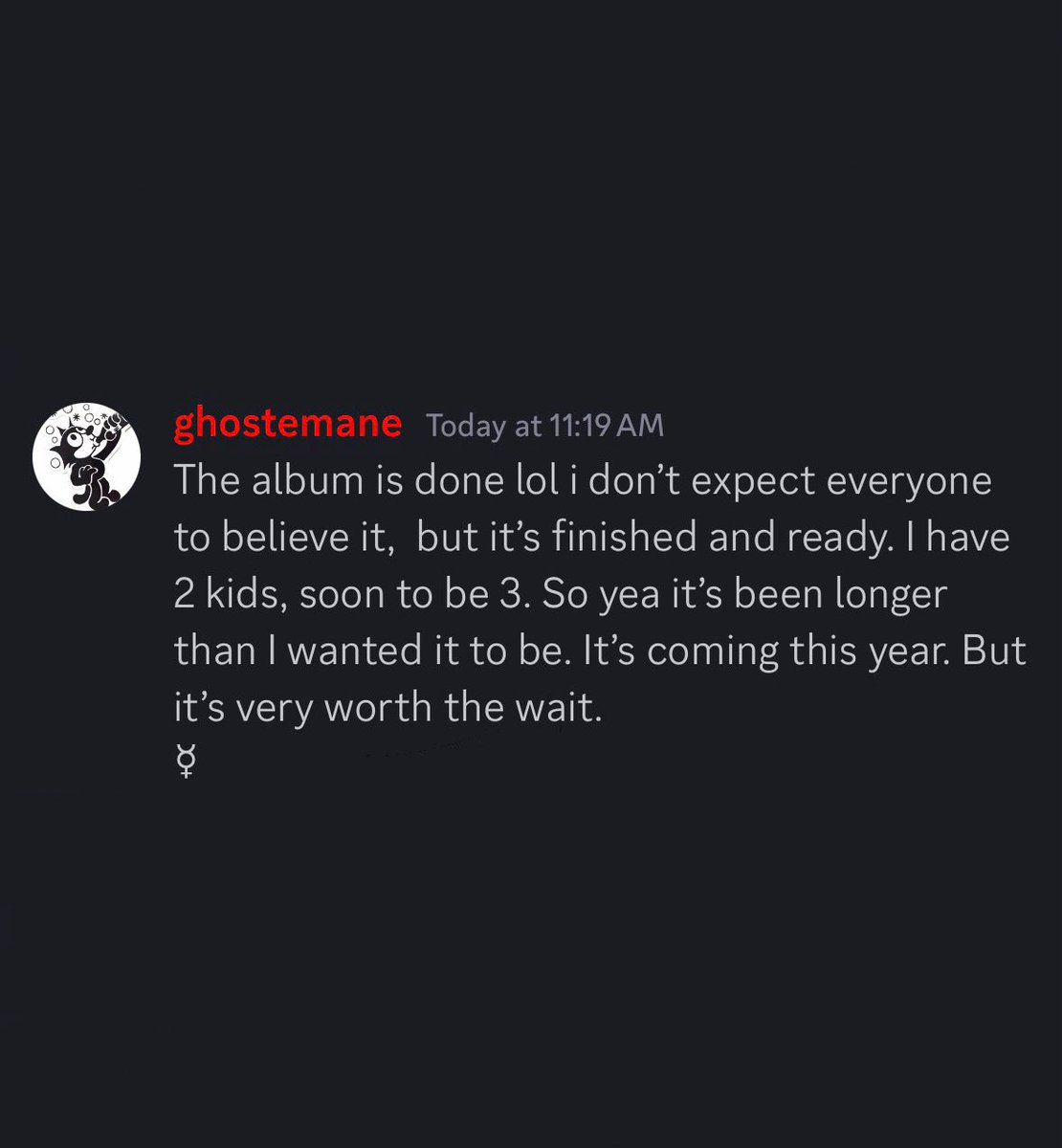 RubysNephew's tweet photo. GHOSTEMANE SPEAKS IN HIS DISCORD SERVER AND SAYS THE NEW ALBUM IS DONE &amp; RELEASING THIS YEAR 👀 https://t.co/HeeJTd2Tqx