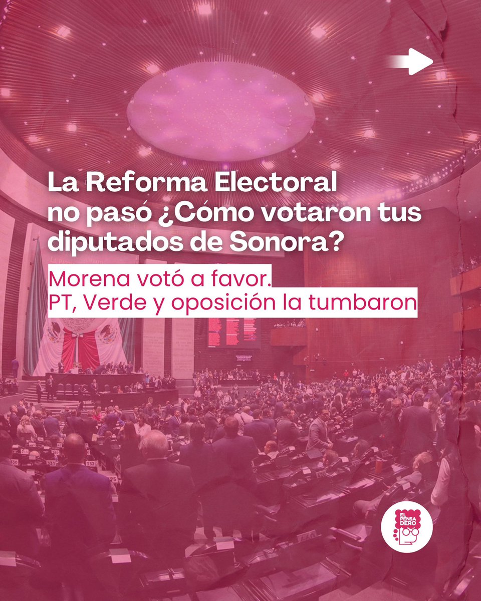 ElPensaderoSon's tweet photo. 🎶¡Esos son, esos son!🎶
Con 259 votos a favor y 234 en contra, la reforma electoral propuesta por la presidenta Claudia Sheinbaum no alcanzó la mayoría calificada esta tarde en San Lázaro. ¿Cómo votaron tus diputados por Sonora?🗳️

#ReformaElectoral #Diputados #Sonora https://t.co/xxLjFkdEio
