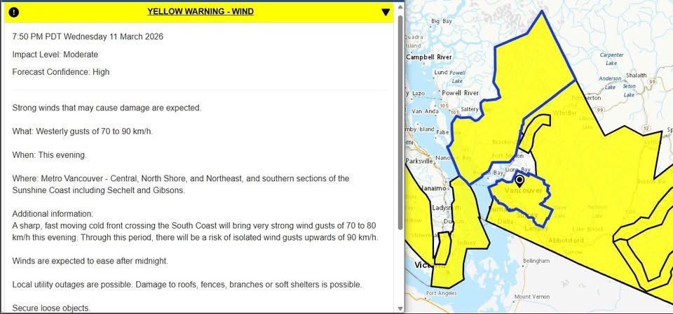 RyanVoutilainen's tweet photo. Yellow Warnings for Wind Expanded to cover All of Metro Vancouver!!
Strong westerly winds 70 gusting to 90km/h that may cause damage are expected this evening. Winds, tho delayed, should ramp up in the next hour or two!
#BCstorm #BCstormwatch #BCwx #BCwind https://t.co/2WEOikmcxI