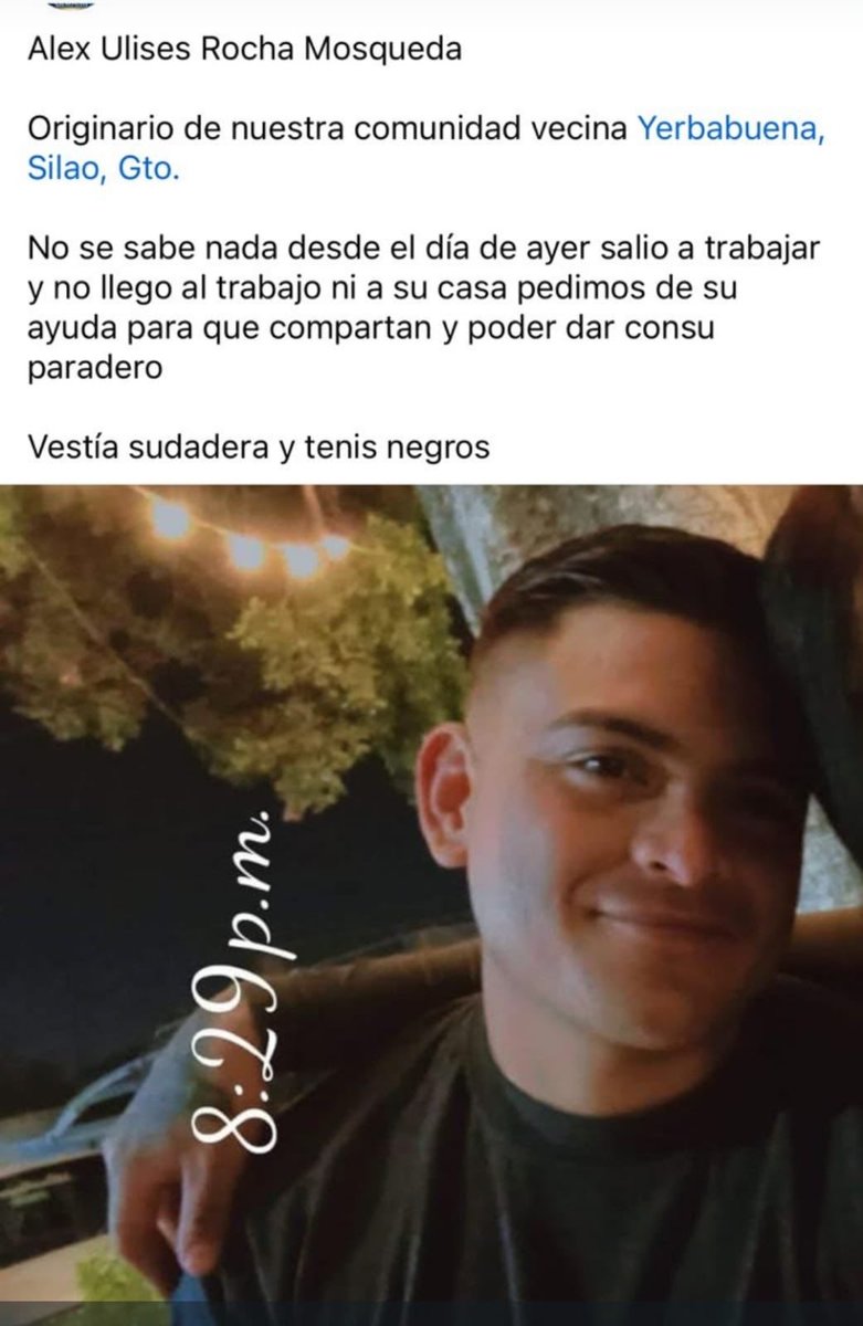 BajoFuegoRPL's tweet photo. Solicitan ayuda para localizar al joven Alex Ulises Rocha Mosqueda originario de la comunidad la Yerbauena, municipio de Silao, no llegó a su trabajo en León @Seguridad_Leon @ELPODERNOTICIAS @pequeezquerrall @soyjaimeramirez #Leongto #notas https://t.co/Ihk6CjnDnA