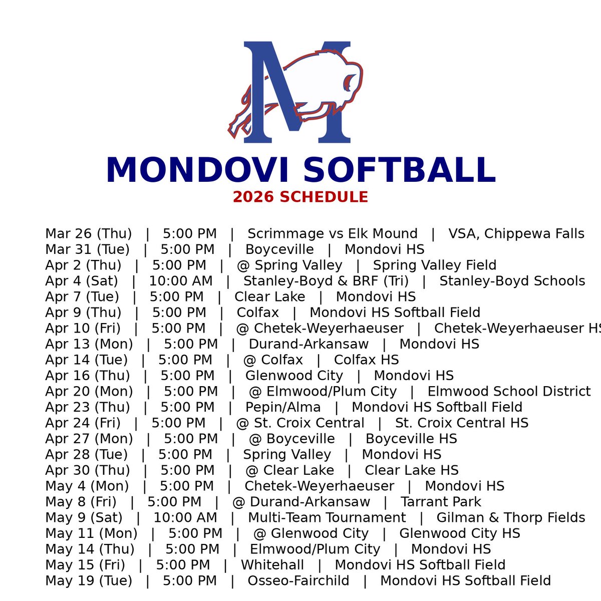 ArborMiller14's tweet photo. 🥎 Mondovi Softball 2026 Schedule! We’re ready for a great season. Come out and support the Buffaloes! 💙
#MondoviSoftball #GoBuffs https://t.co/eKG5MPo2LN