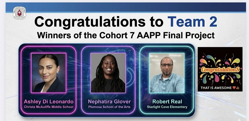 DiLeo_PBCSD's tweet photo. Huge win for Team 2! 🏆Beyond proud of the growth and grit this team showed to take home the win for our AAPP final project. The journey from position to impact starts now. #Teamwork #Impact @LeadPalmBeach @southPbcsd @centralPBCSD @pbcsd @_TeeGlover @Ronda_Johnson @CMMSPrincipal https://t.co/GMjSoMgitX