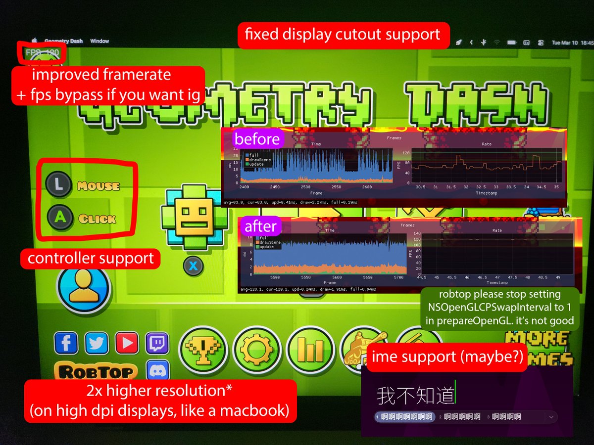 i got bored of waiting for robtop to fix geometry dash on mac so i made a mod that fixes everything instead ! (and added stuff like fps bypass)

currently available on geode as "SDL Mod" :)