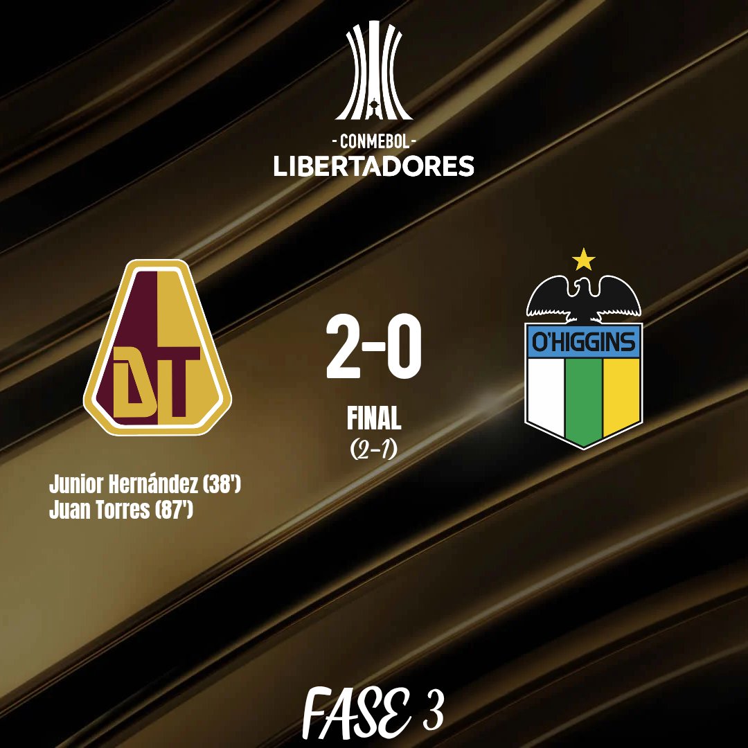 Copa Libertadores 2026
Preliminar: Fase 3

FINAL

Deportes Tolima🇨🇴 2-0 🇨🇱O'Higgins

Global: 2-1

<a href="/cdtolima/">Club Deportes Tolima</a> 🇨🇴 avanza a la Fase de Grupos

<a href="/OHigginsoficial/">O'Higgins FC 🇧🇼</a> 🇨🇱 a la Copa Sudamericana

#Libertadores #GloriaEterna