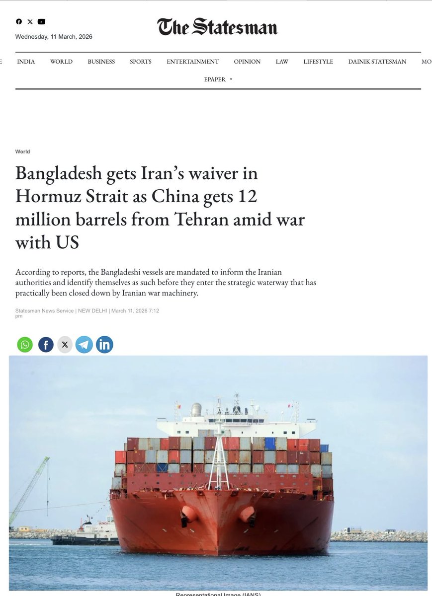 After China and Russia now Bangladesh gets Iran’s waiver in Hormuz Strait.

While India’s useless Epstein gang remains good for nothing!