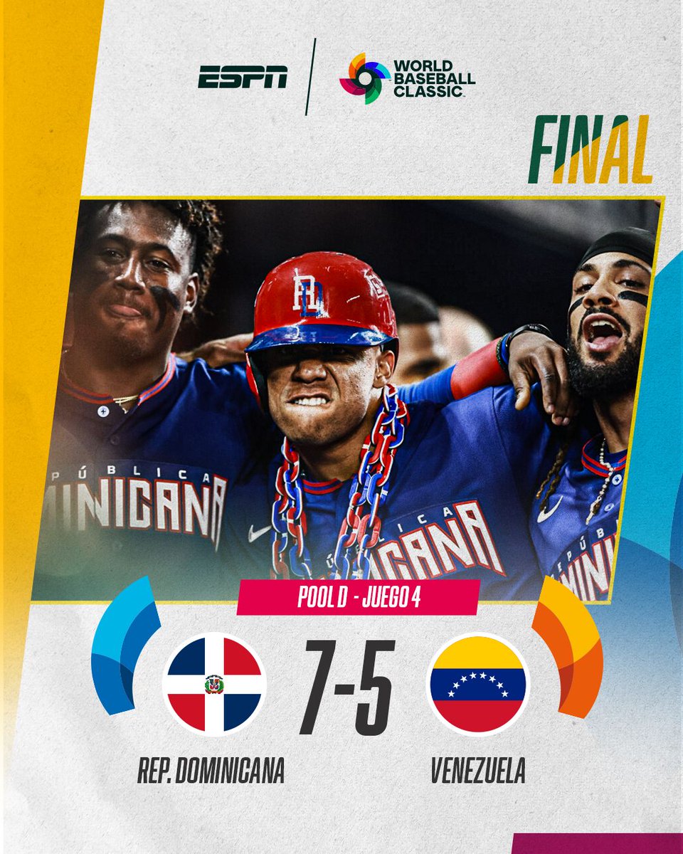 🔥 ¡NOS QUEDAMOS CON EL GRUPO!

La victoria de República Dominicana le da el Grupo D y se enfrentará a Corea en Cuartos de Final.

#WBCxESPN