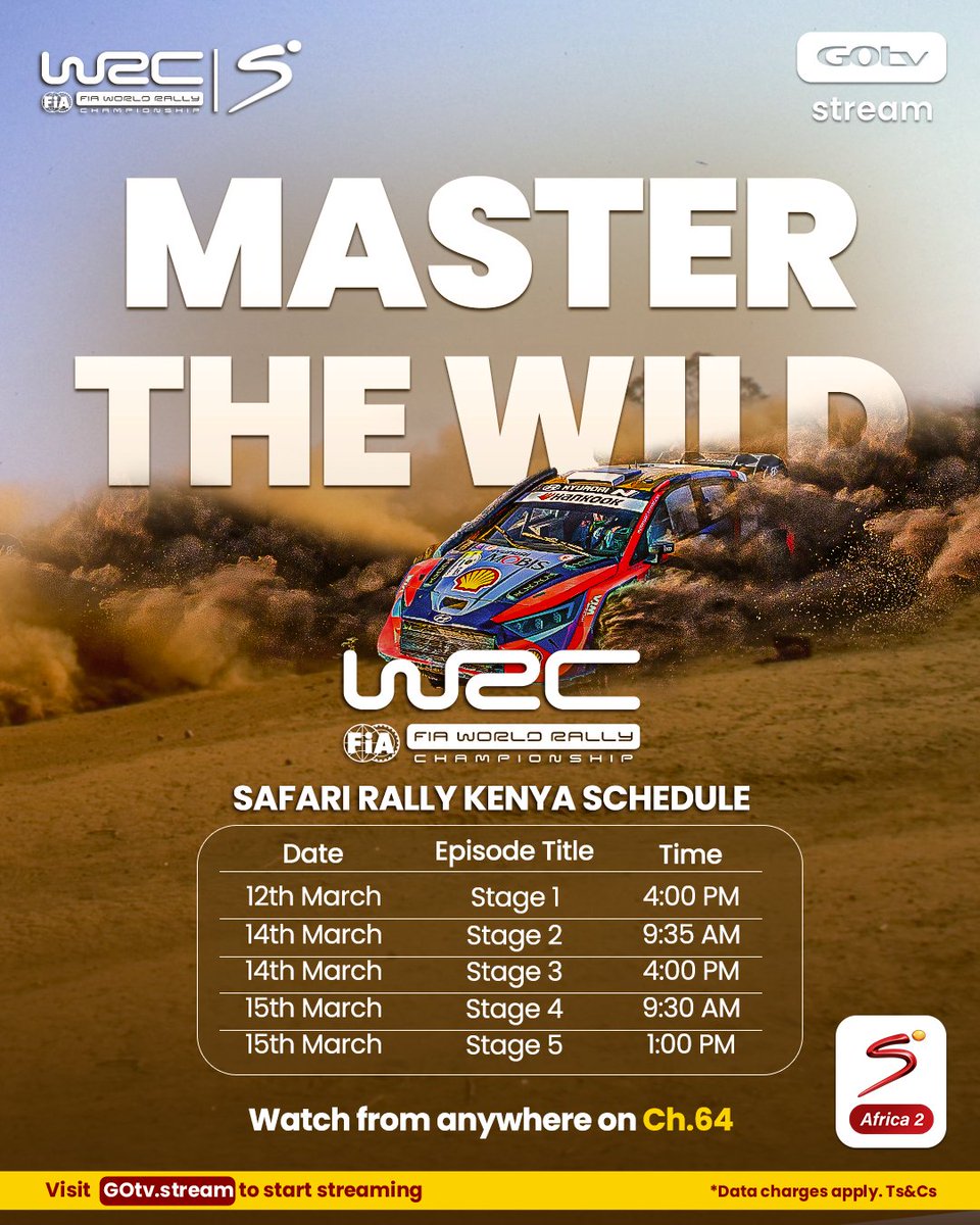 GOtvKenya_'s tweet image. The wait is finally over.......the #WRCSafariRallyKenya is here bringing roaring engines, flying dust, and rally drama like nowhere else! 🏎️💨

Stream every high-speed moment wherever you are on #GOtvStream on the Go!🔥🔥📺

#GOtvStream #SafariRallyOnGOtv  #WRCSafariRally2026