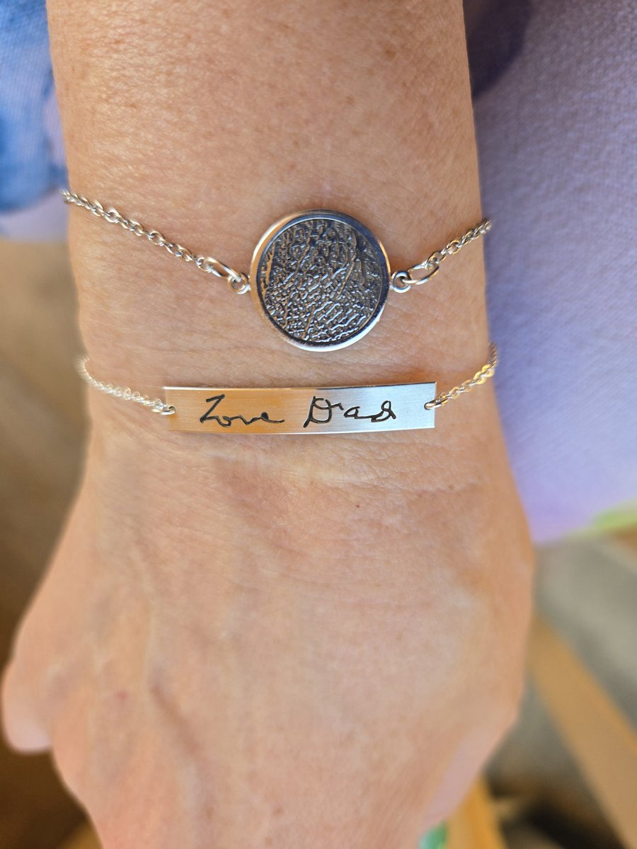 I now get to wear my daddy's thumbprint and handwriting every day. Thank you, Legacy Touch and GLDN - Personal, Handmade Jewelry !!! I love my bracelets!! ❤️💔🪽