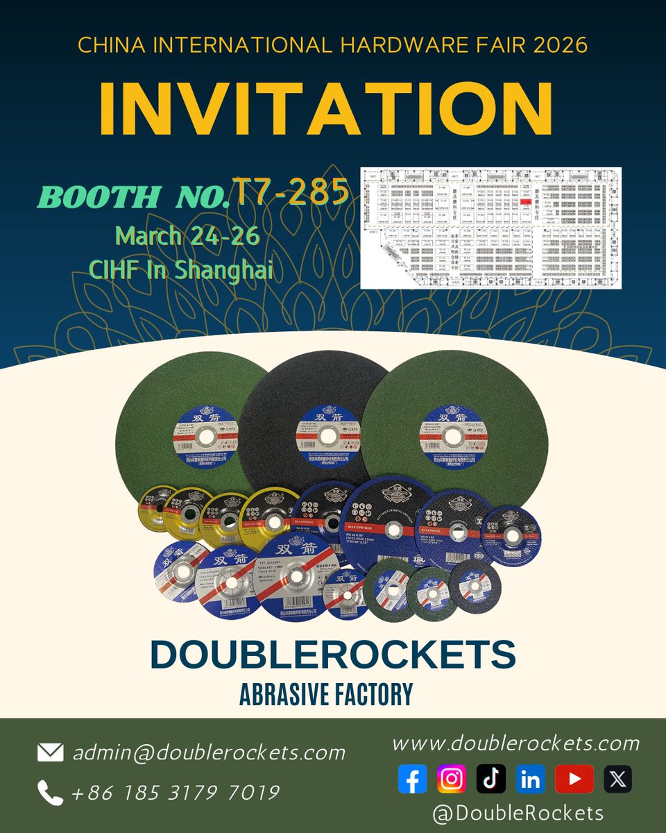 DoubleRocketsCo's tweet image. Join us at Shanghai International Hardware Fair!
📅 Mar 24–26, 2026
📍 National Exhibition &amp;amp; Convention Center
🏢 Xingtai DoubleRockets Resin Grinding Wheel Co., Ltd.
Hall 7.2 | Booth T7-285
#CuttingDisc #Abrasives #SourceFactory #HardwareTools #CIHF #Invitation #DoubleRockets