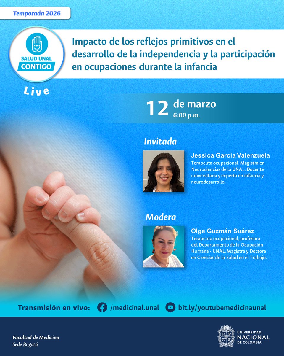 MedicinaUNAL's tweet photo. Mañana en #SUCLive, no te pierdas la conferencia virtual: "Impacto de los reflejos primitivos en el desarrollo de la independencia y participación ocupacional durante la infancia", organizada por nuestro programa de #TerapiaOcupacional.
Conéctate en vivo: https://t.co/HOtOuQBV2P https://t.co/T1si4UXGQa